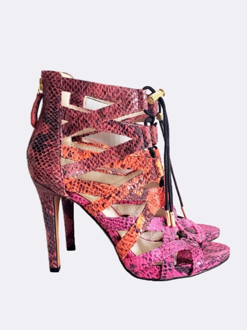 ALDO Pink Orange Burgundy Snake-Print Lace-Up Stiletto Sandals
